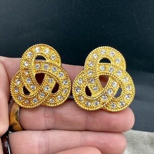 Vintage Avon Clip On Earrings Knot Bow Gold Tone Rhinestone